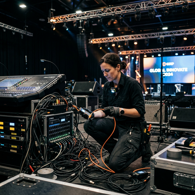 Ingeniero de sonido revisando cableado en evento