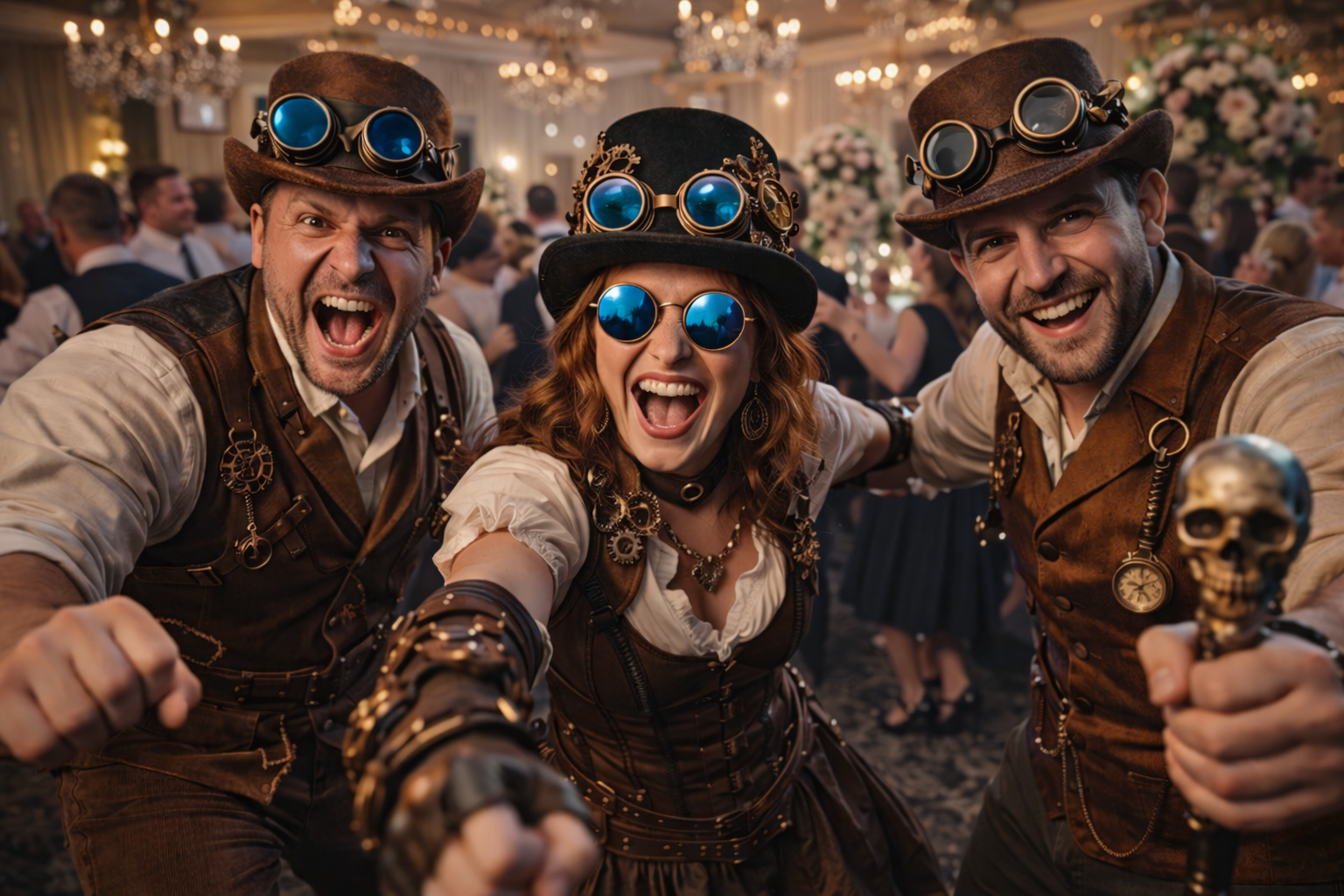 Fiesta y Hora Loca temática estilo Steampunk con humo iluminado y atrezo