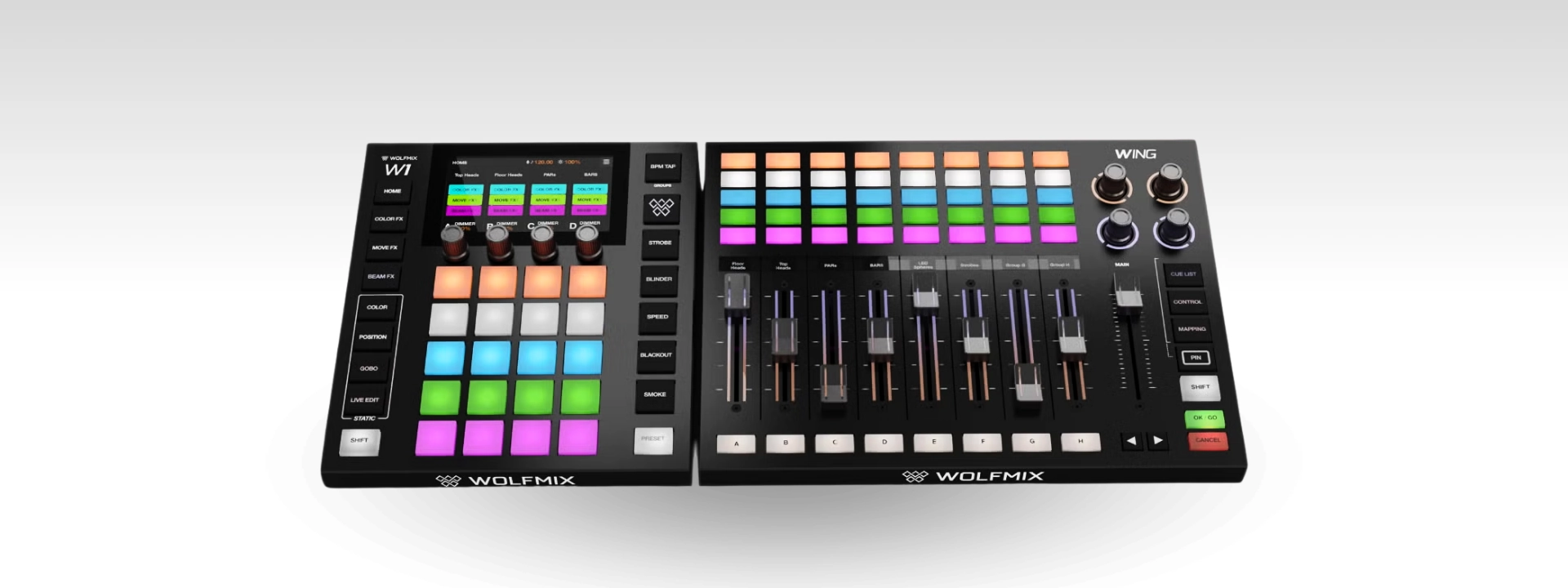 Wolfmix W1 junto a la nueva Wolfmix Wing con faders motorizados