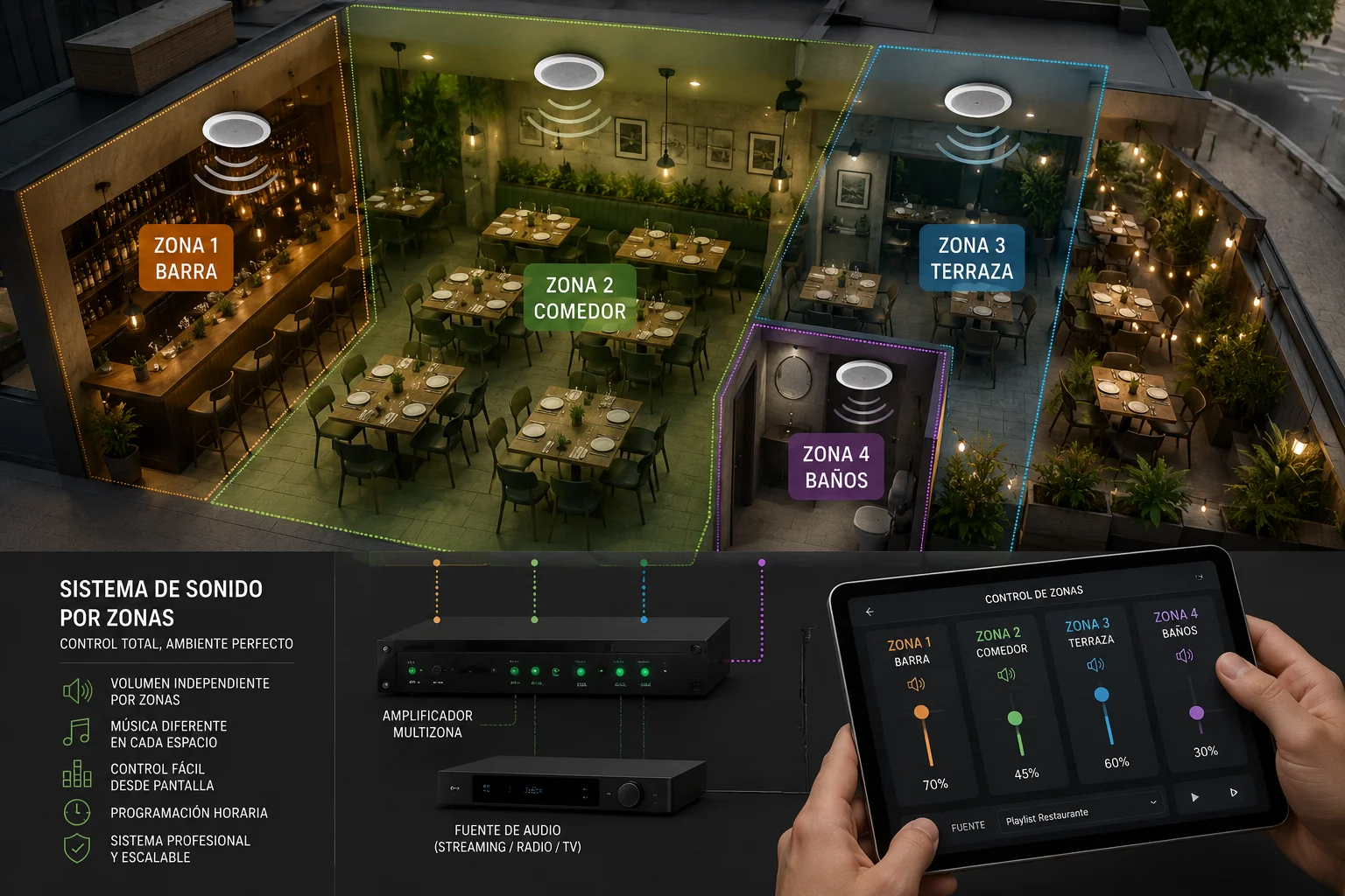 Sistema de sonido por zonas para hostelería
