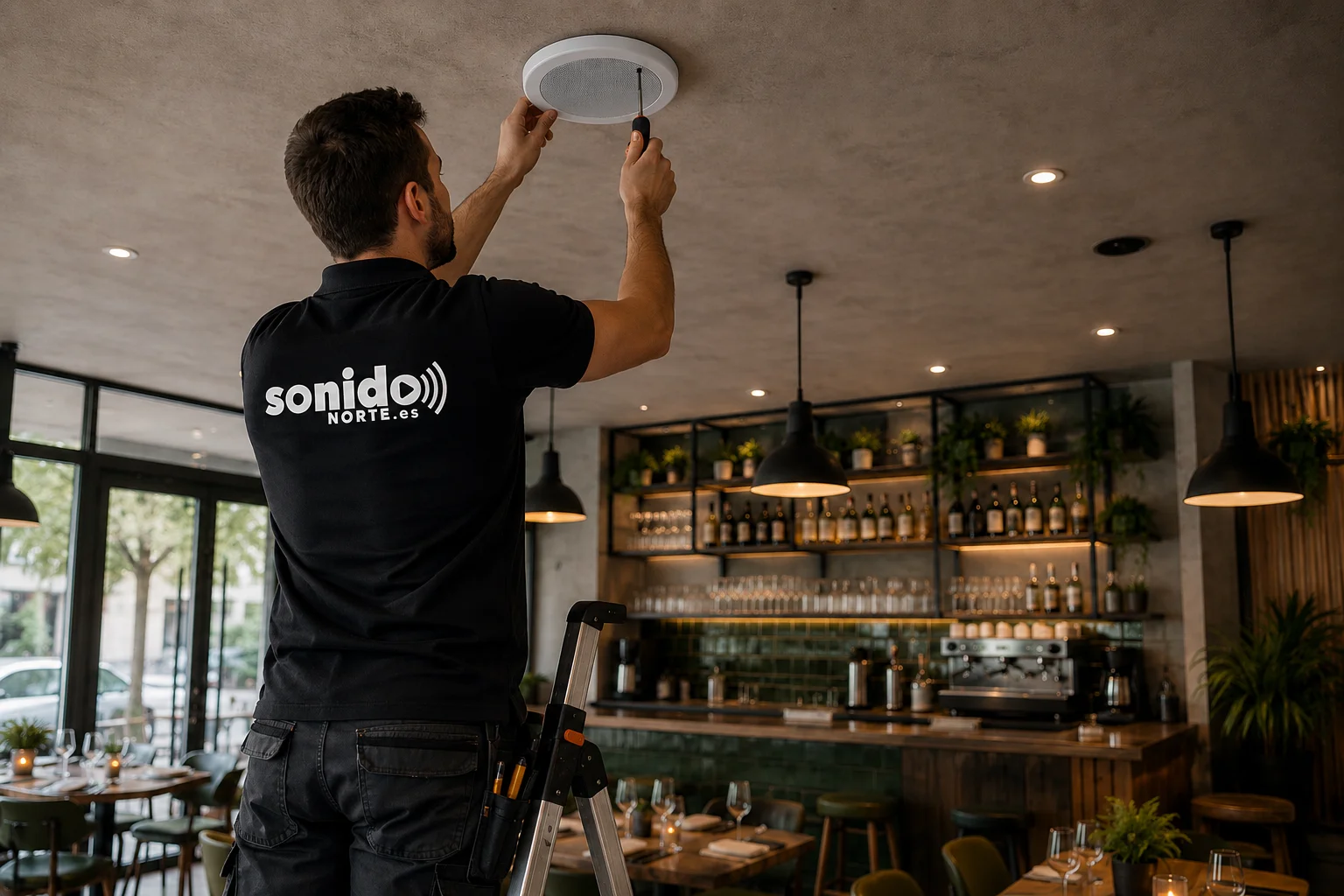 Técnico instalando sonido en local de hostelería